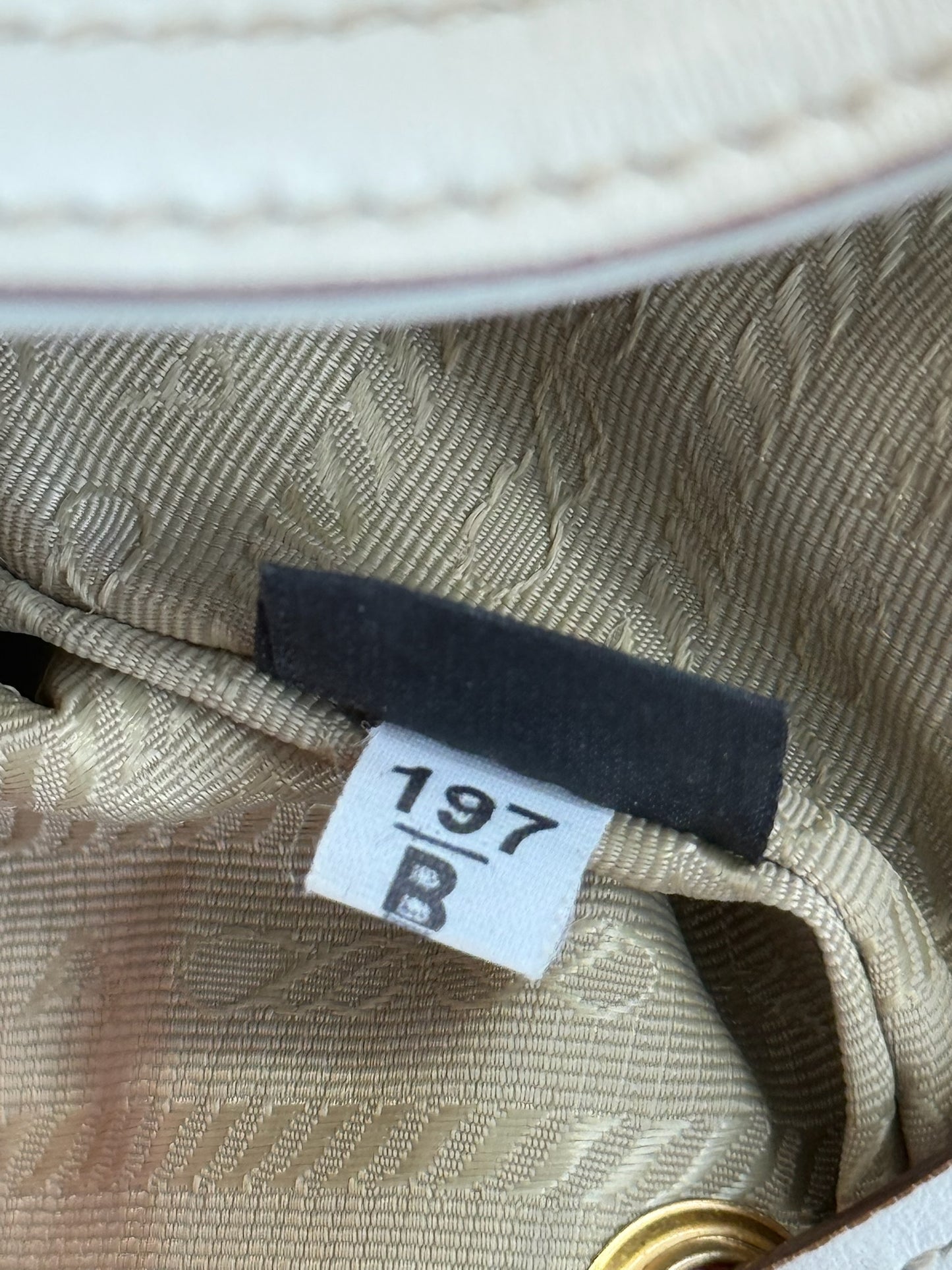 Prada Vintage Beige Jacquard Canapa Canvas Small Drawstring Bucket Shoulder Bag w Ivory Leather Trim