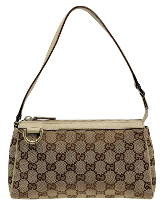 Gucci Vintage Brown GG Monogram Canvas w Ivory Leather Trim D Ring Pochette Shoulder Bag