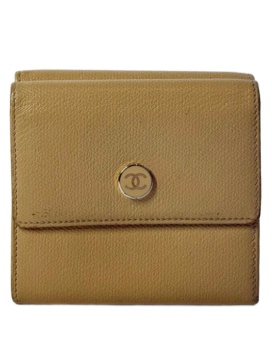 Chanel Vintage 00s Beige Caviar CC Logo Snap Wallet