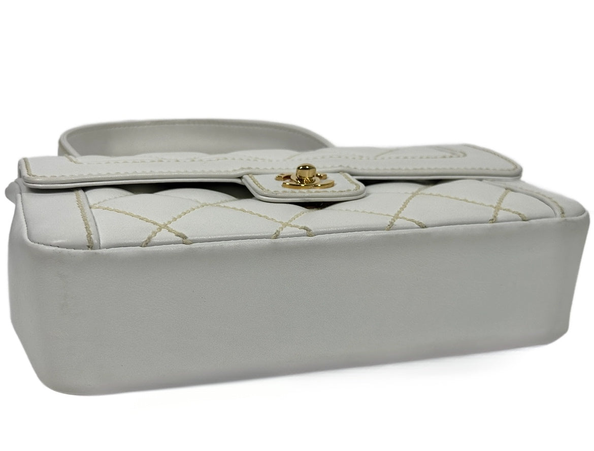 Chanel Vintage 2005 White Quilted Calfskin Leather Wild Stitch Medium Top Handle Classic Flap Bag w 24K Gold Plated Hardware
