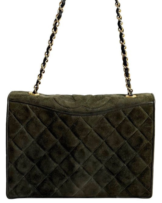 Chanel Vintage Green Quilted Quilted Suede CC Logo Full Flap Shoulder Bag w 24K GPHW