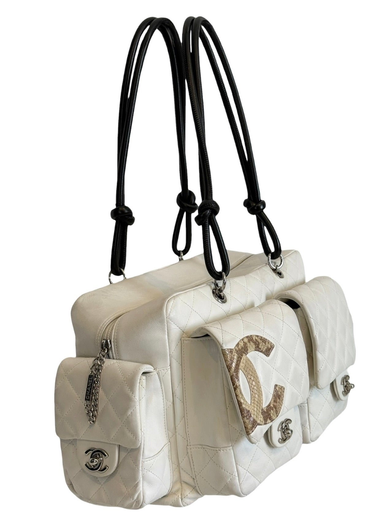 Chanel Vintage 00s White Quilted Lambskin Python CC Cambon Large Reporter Shoulder Bag