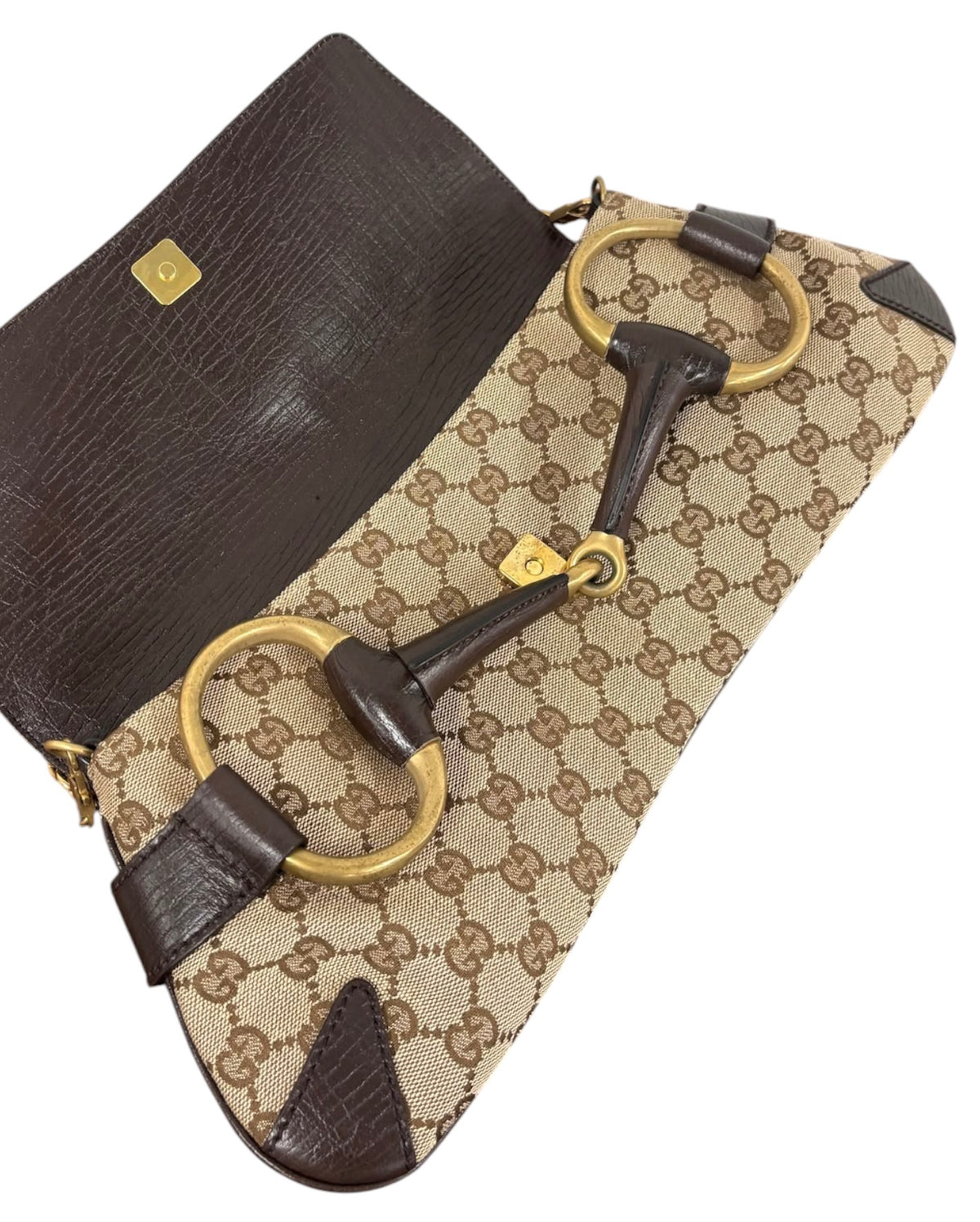 Gucci Vintage Brown GG Monogram Large Horsebit Shoulder Clutch Bag