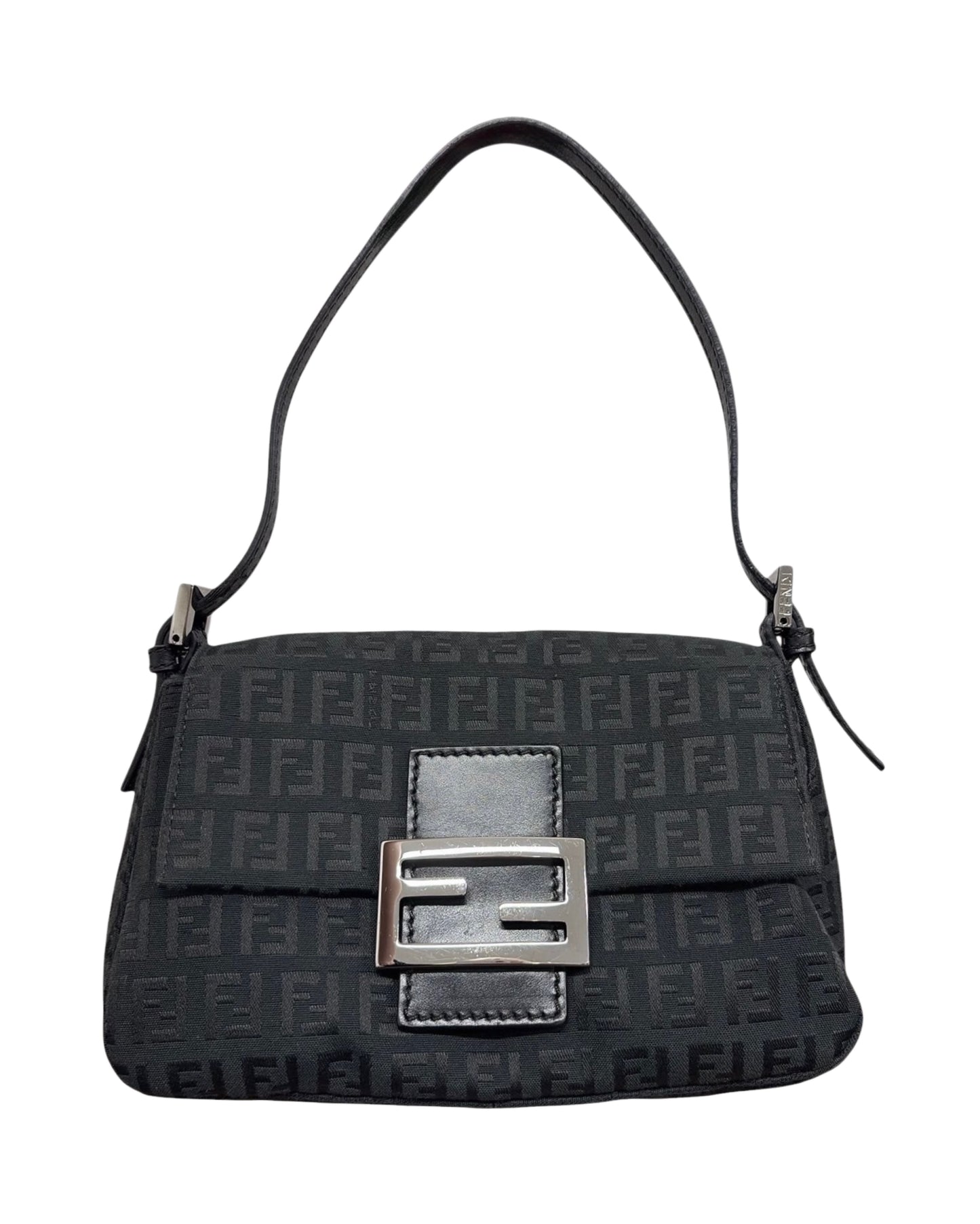 Fendi Vintage Black Zucchino Zucca Monogram Mini Mamma Shoulder Baguette Bag 