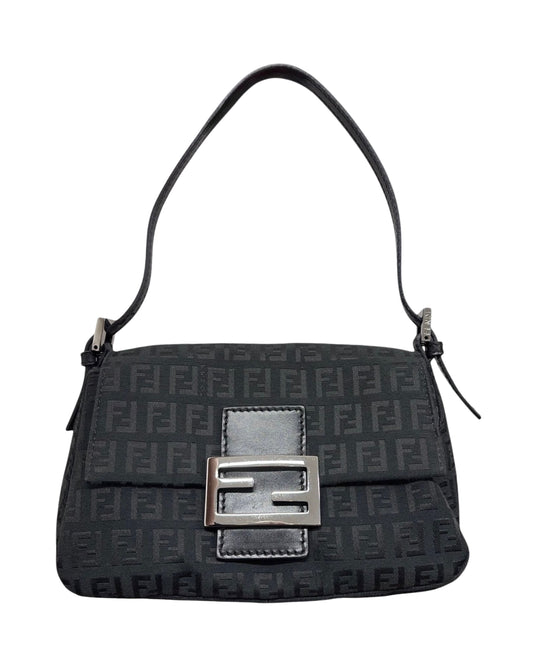 Fendi Vintage Black Zucchino Zucca Monogram Mini Mamma Shoulder Baguette Bag 