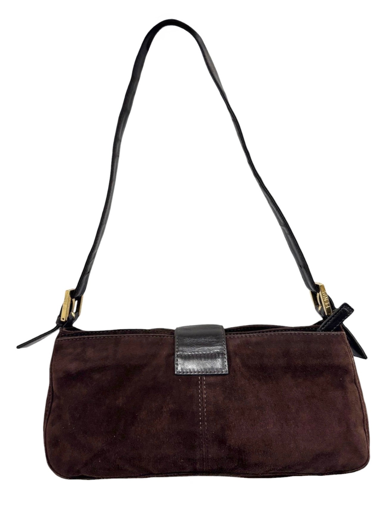 Fendi Vintage Brown Suede Purple Glitter Logo Shoulder Flap Baguette Bag 