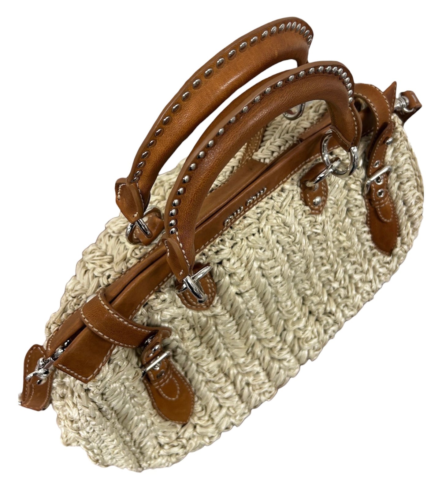 Miu Miu Vintage Beige Woven Raffia Brown Leather Trim Two-Way Shoulder Bag