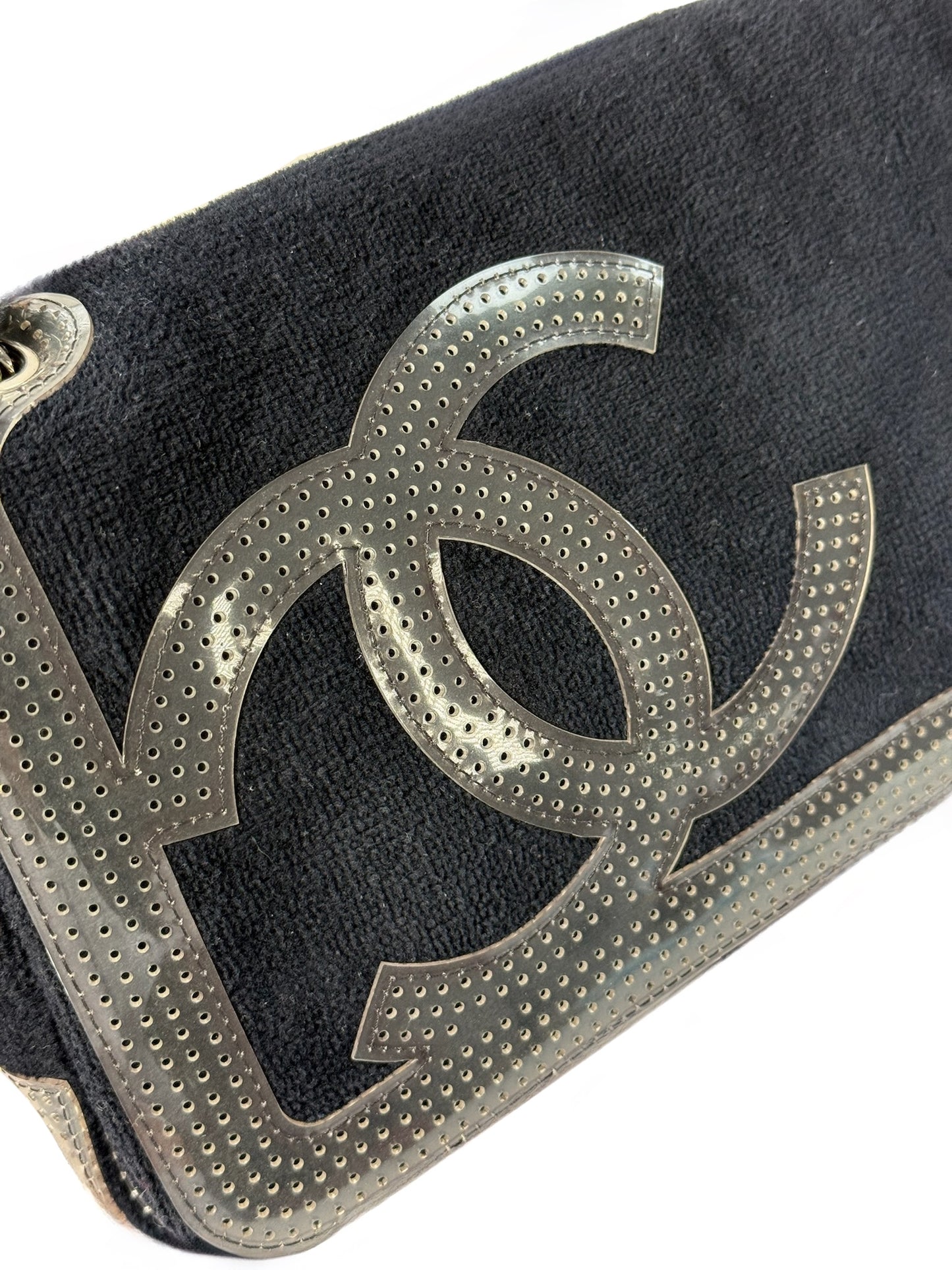 Chanel Vintage Black Terry Cloth PVC CC Sport Line Chain Shoulder Flap Bag