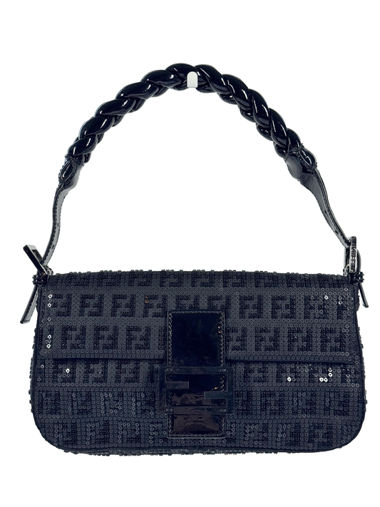 Fendi Black Patent Leather Zucca Monogram Sequin Shoulder Baguette Bag
