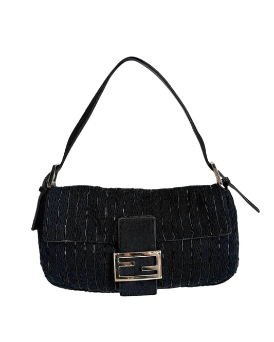 Fendi Vintage Black Knit Striped Beaded Embroidered Shoulder Baguette Bag with Pony Hair Trim