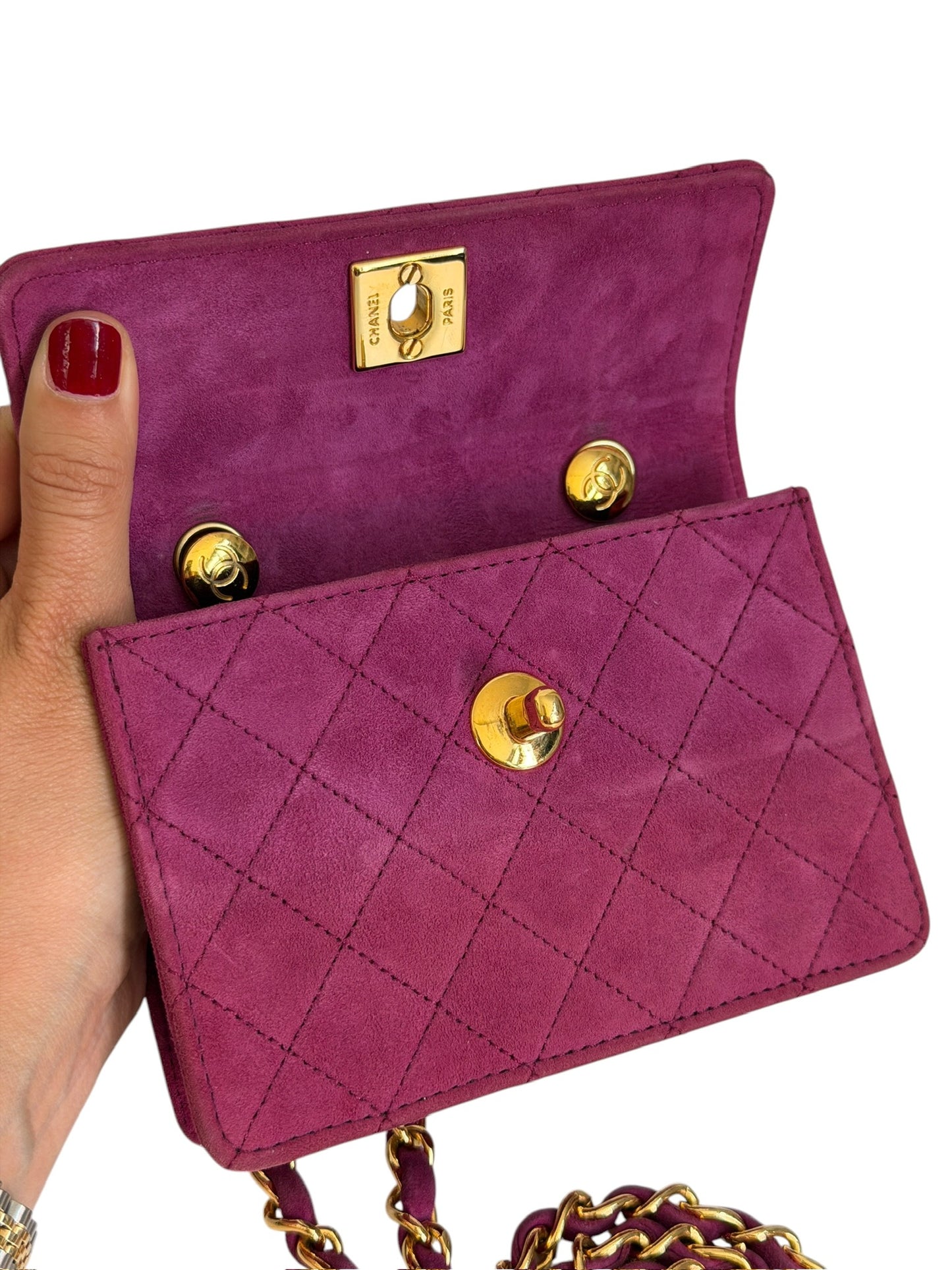 Chanel Vintage 80s/90s Quilted Fuchsia Suede Micro Mini Flap Crossbody Bag w 24K Gold Plated Hardware