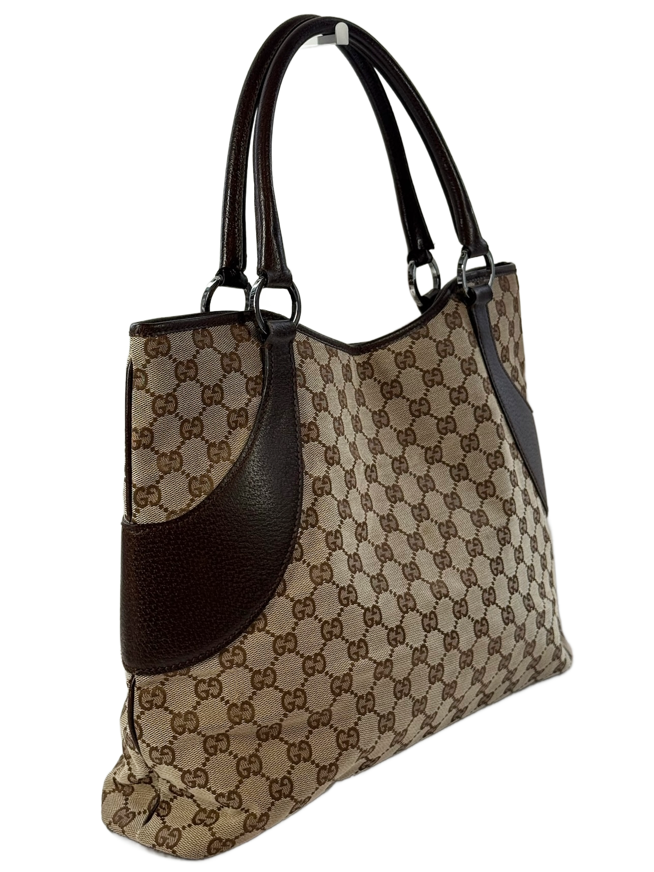 Gucci Vintage Brown GG Monogram Brown Leather Trim Top Large Shoulder Tote Bag