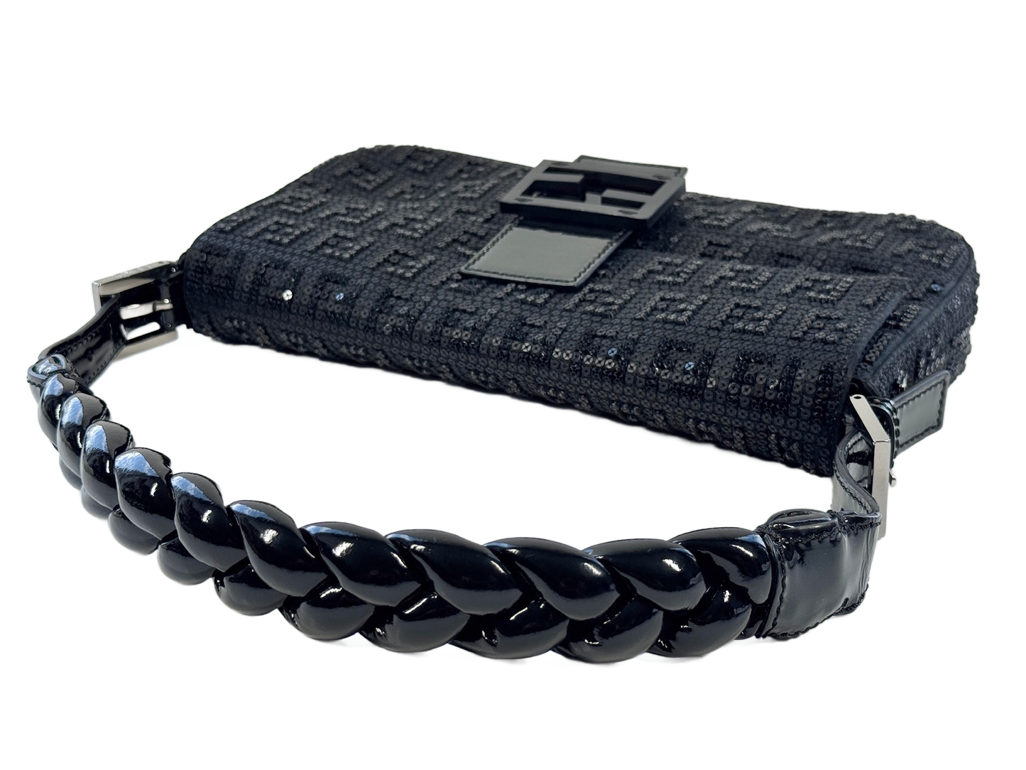 Fendi Black Patent Leather Zucca Monogram Sequin Shoulder Baguette Bag