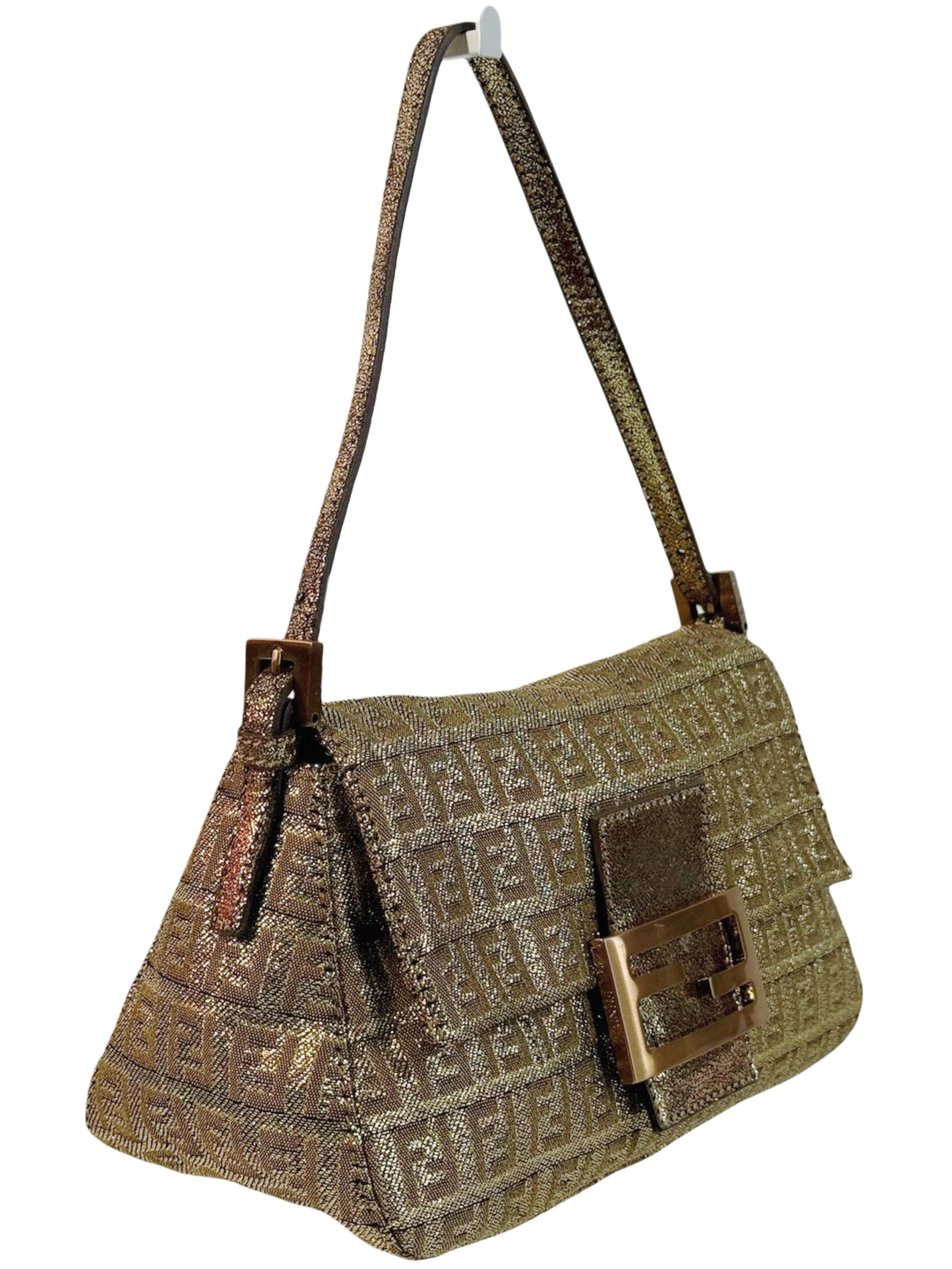 Fendi Vintage Metallic Gold Glitter Zucchino Zucca Monogram Mini Mamma Baguette Shoulder Bag