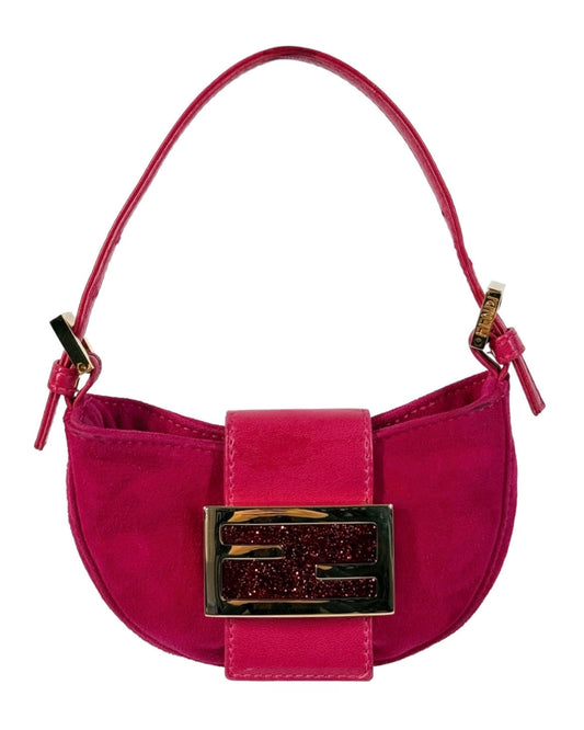 Fendi Vintage Hot Pink Suede Glitter Logo Mini Croissant Baguette Bag