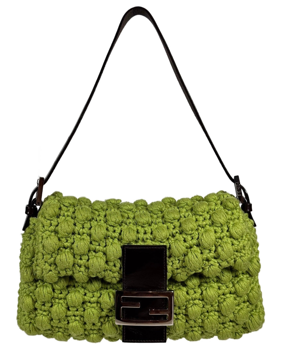Fendi Vintage Lime Green Crochet Knit Shoulder Baguette Bag