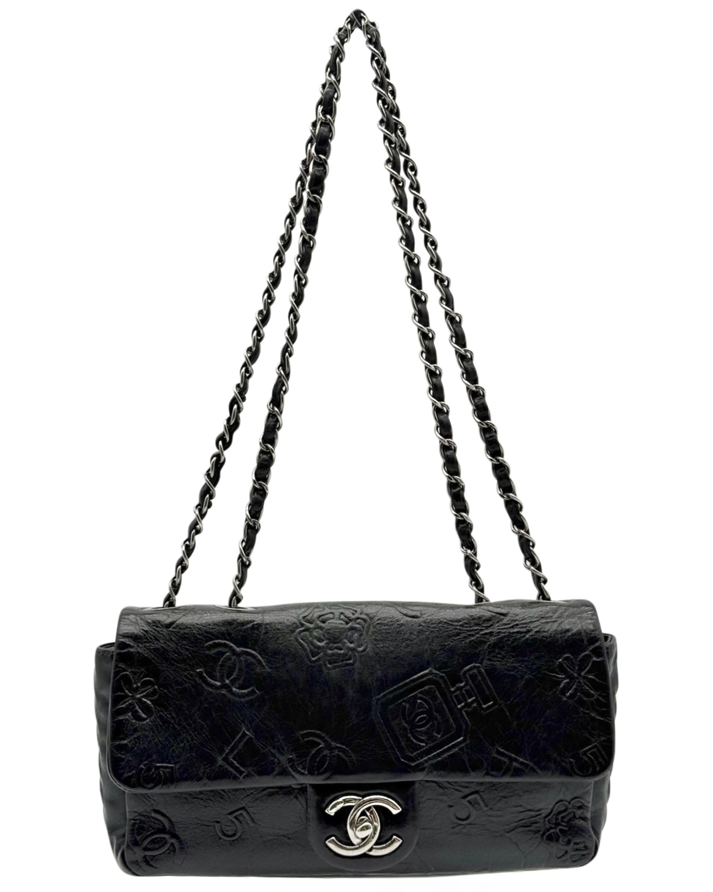 Chanel 2014 Black Calfskin Embossed Precious Symbols Medium Classic Flap with Ruthenium Hardware