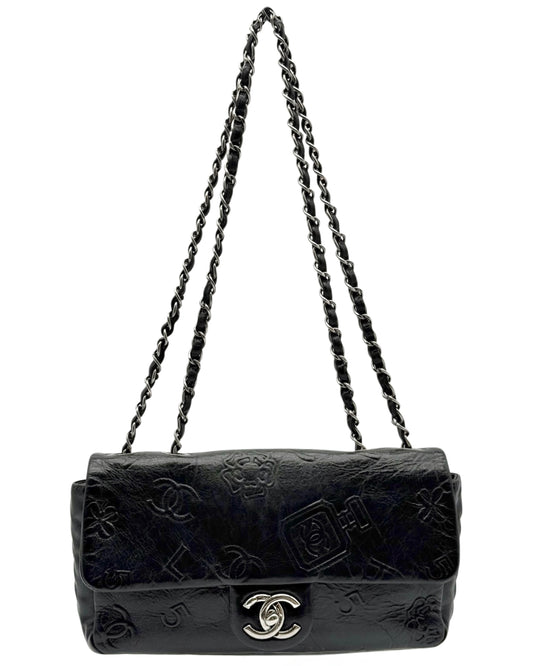 Chanel 2014 Black Calfskin Embossed Precious Symbols Medium Classic Flap with Ruthenium Hardware