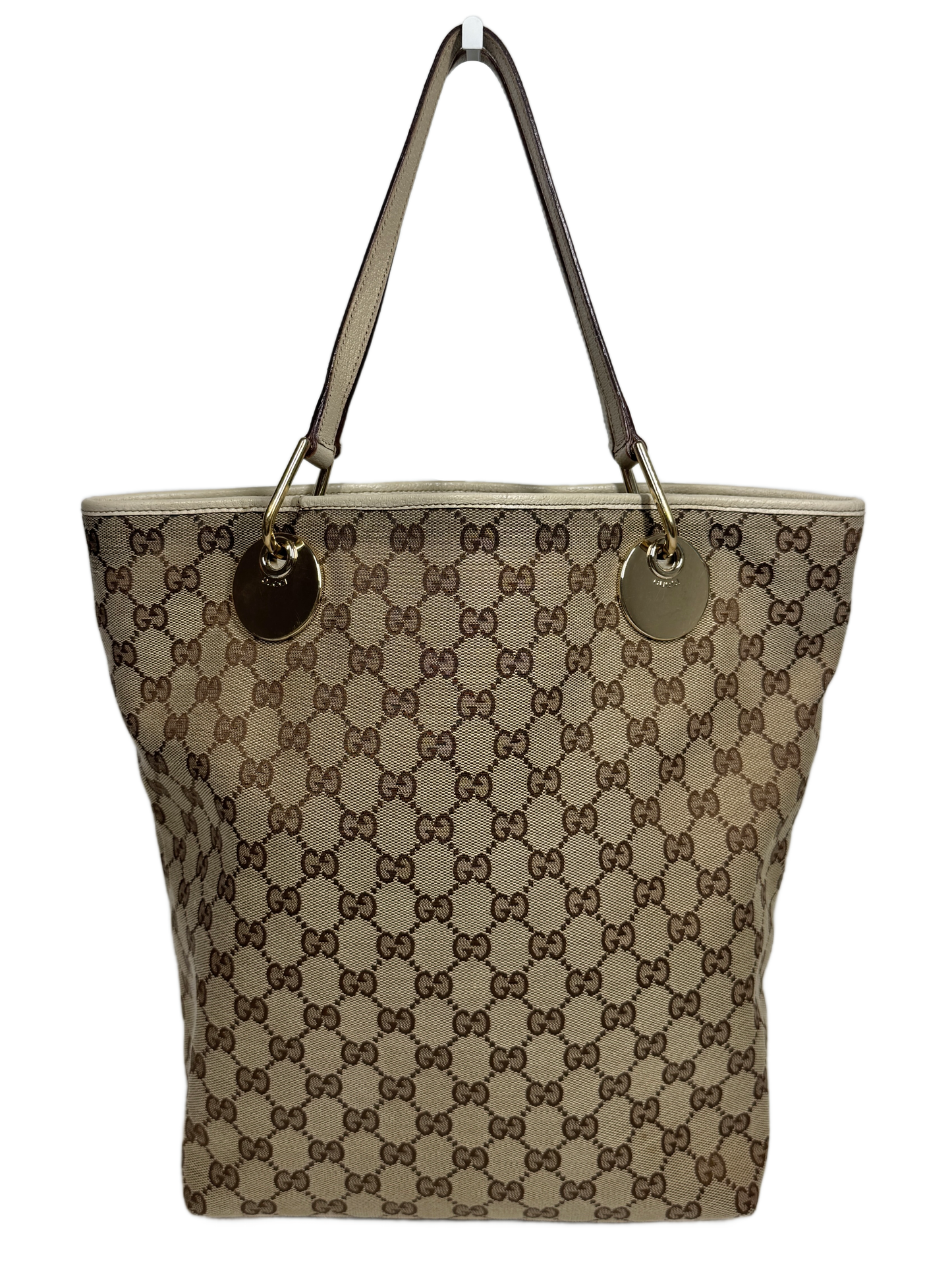 Gucci Vintage Brown GG Monogram Canvas Large Eclipse Bucket Shoulder Tote Bag with Ivory Leather Trim