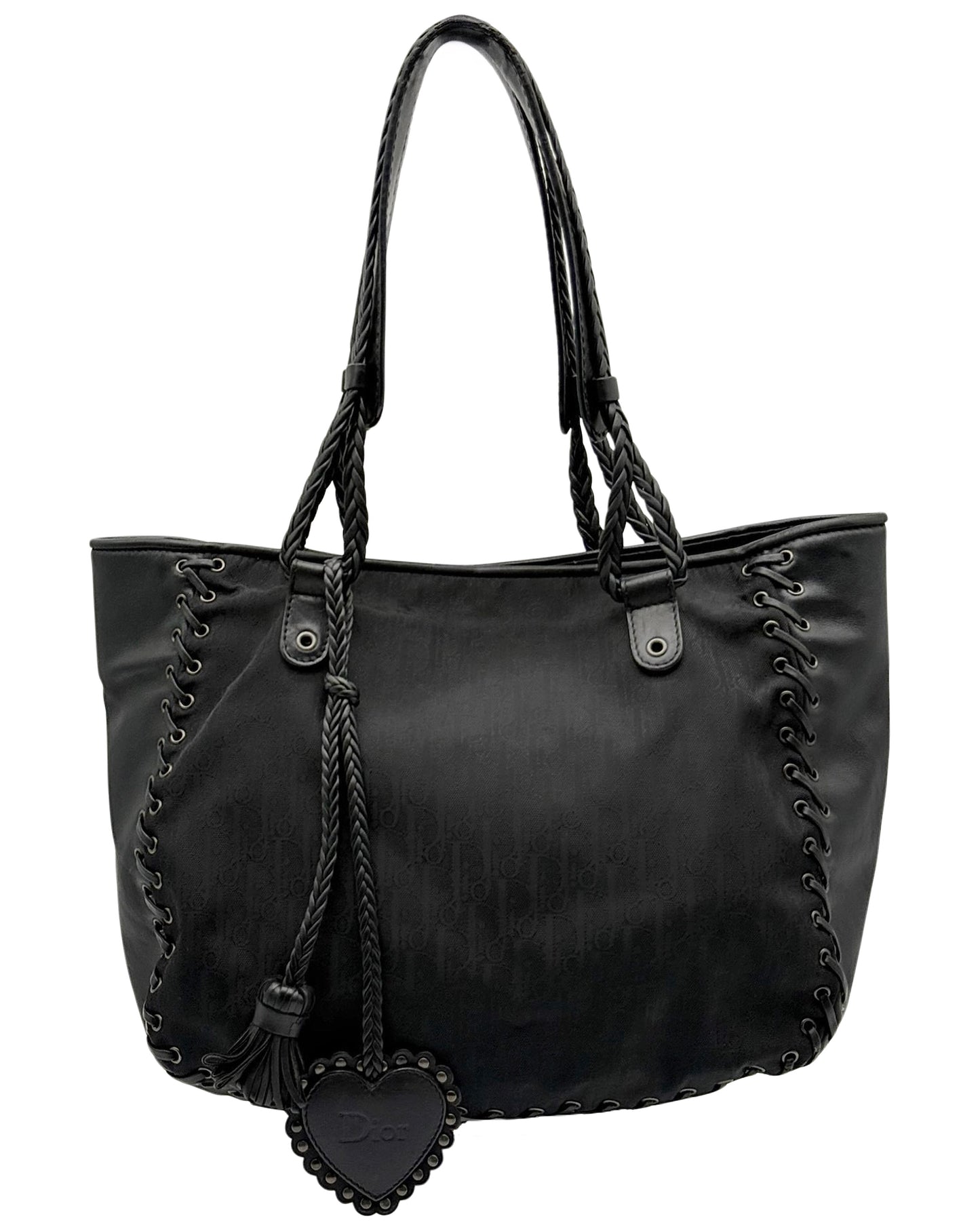 Dior Vintage 2007 Black Diorissimo Monogram Nylon & Leather Lace Up Corset Shoulder Tote Bag with Heart Charm
