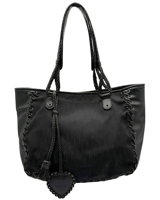 Dior Vintage 2007 Black Diorissimo Monogram Nylon & Leather Lace Up Corset Shoulder Tote Bag with Heart Charm