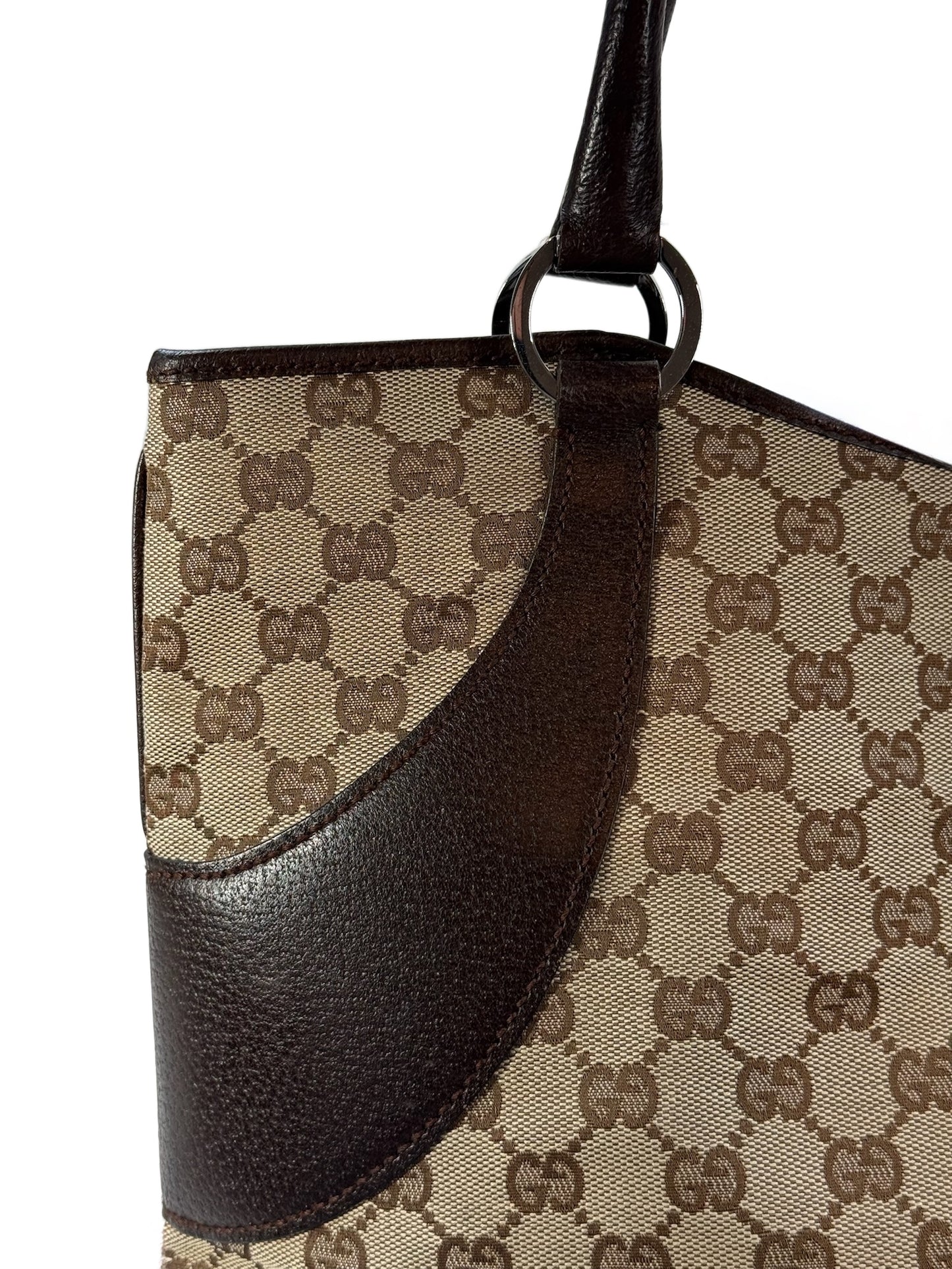 Gucci Vintage Brown GG Monogram Brown Leather Trim Top Large Shoulder Tote Bag