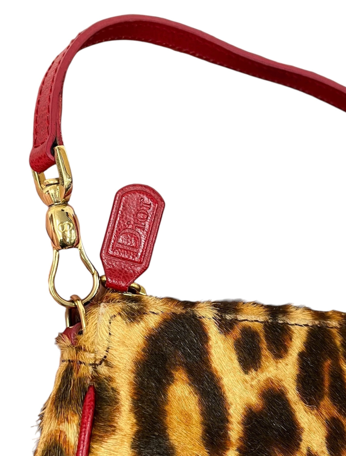 Dior Vintage 2004 Leopard Print Pony Hair Red Trim Mini Saddle Pochette Shoulder Bag