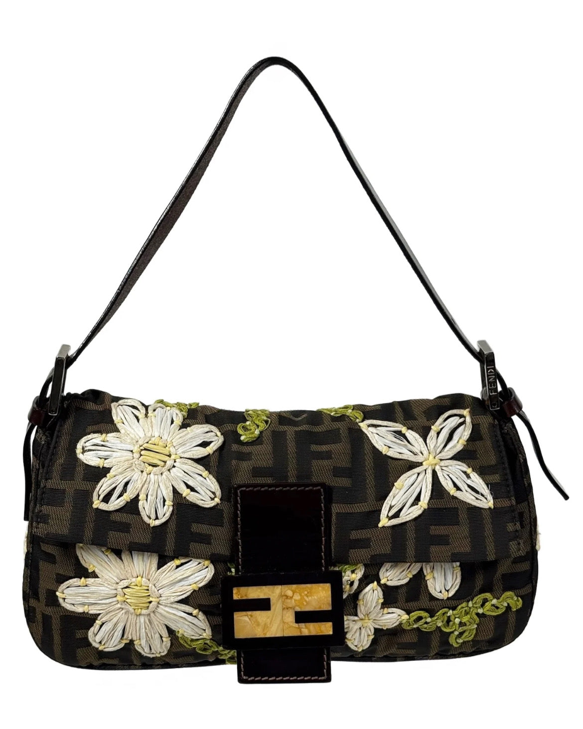 Fendi Vintage Brown Monogram Floral Embroidered Tulle Zucca Monogram Shoulder Baguette Bag