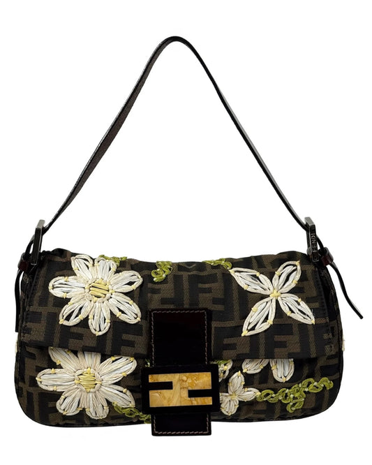 Fendi Vintage Brown Monogram Floral Embroidered Tulle Zucca Monogram Shoulder Baguette Bag