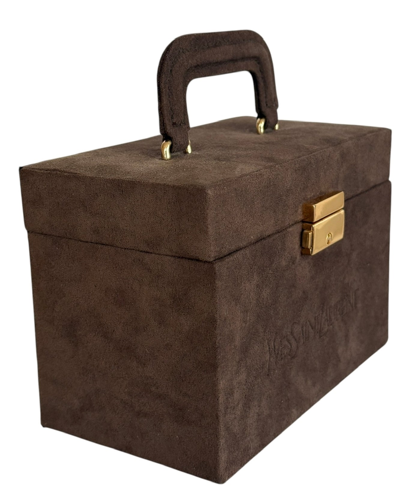 YSL / Yves Saint Laurent Vintage Brown Suede Mini Trunk Vanity Jewelry Case Box