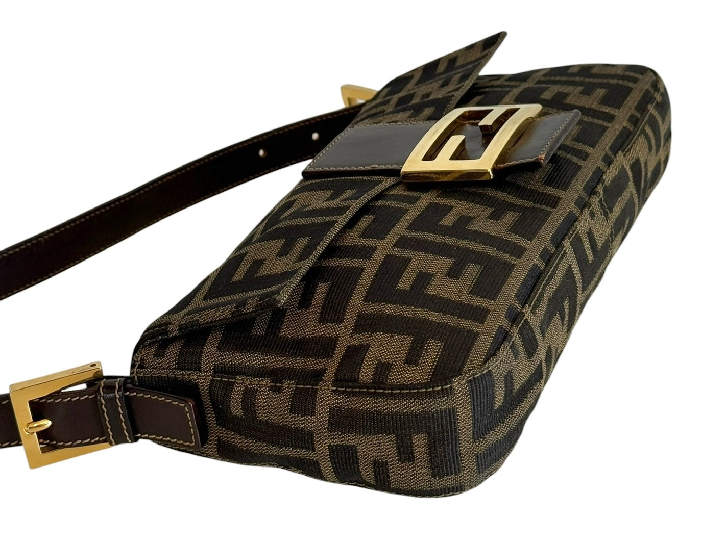 Fendi Vintage Brown Zucca Monogram Classic Shoulder Bag Baguette with Gold Hardware