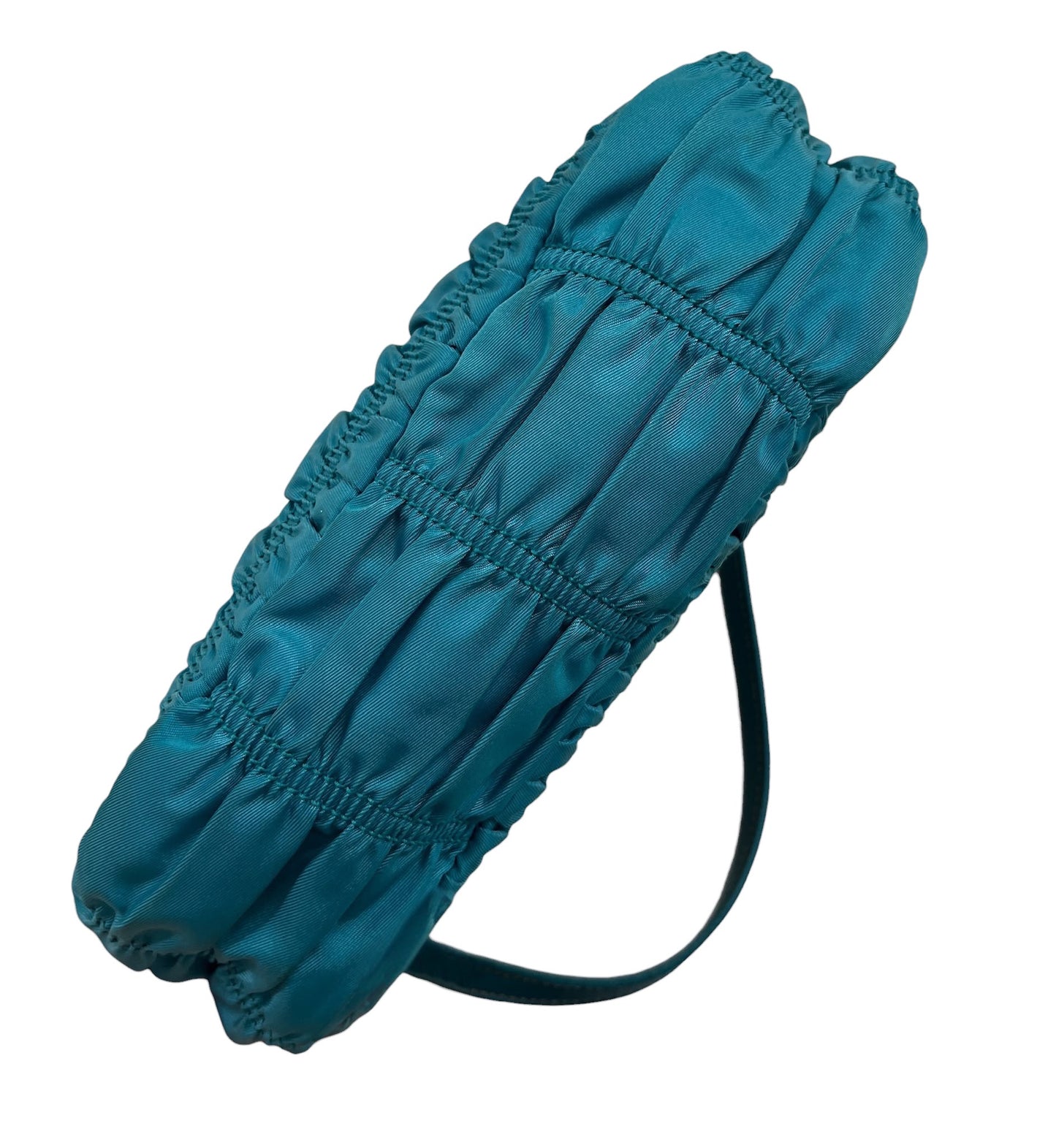Prada Vintage Turquoise Blue Tessuto Nylon Pleated Ruffle Gaufre Small Pochette Shoulder Bag