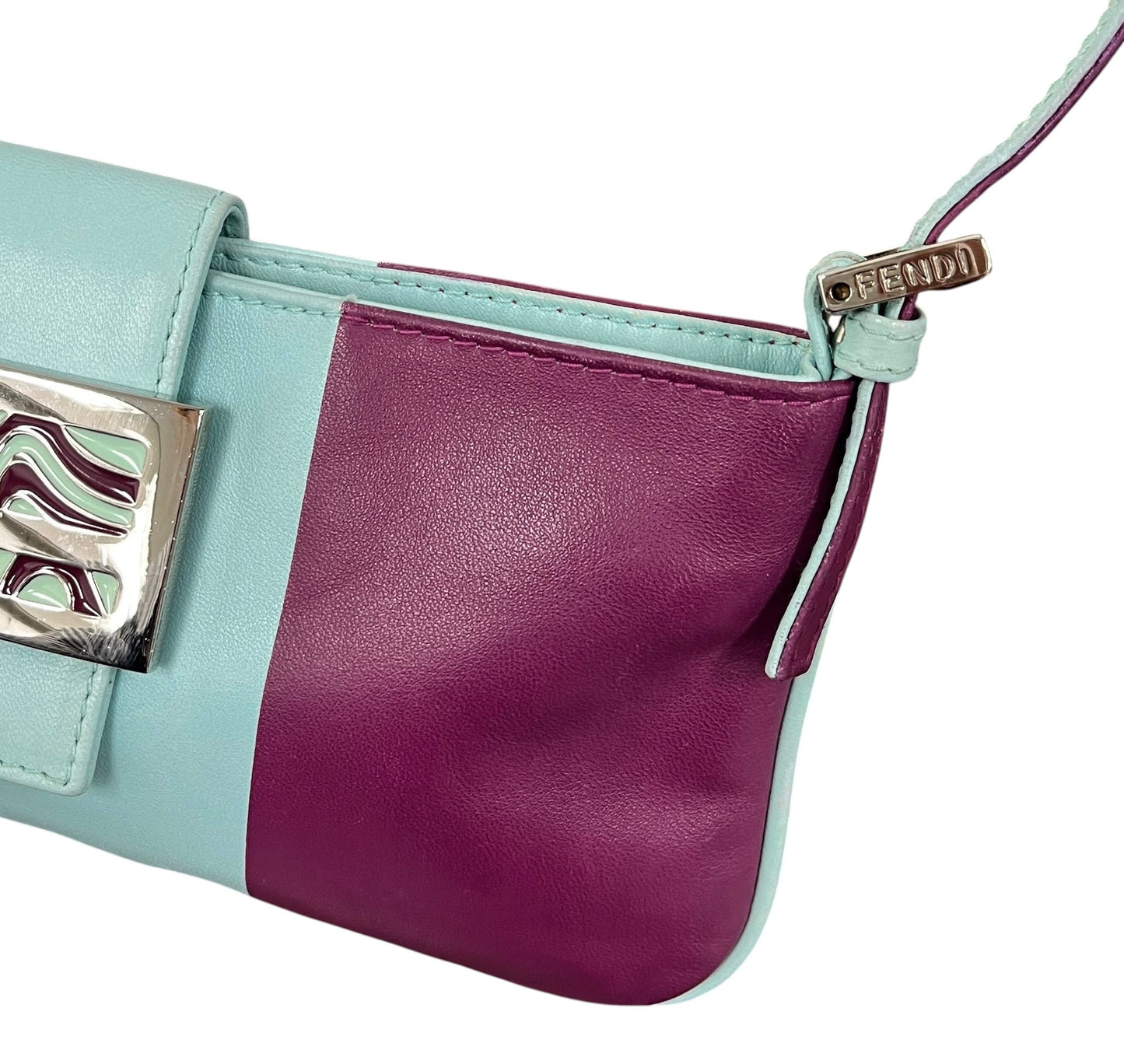 Fendi Vintage Bicolor Blue & Purple Lambskin Flat Baguette Pochette with Swirl Design Buckle