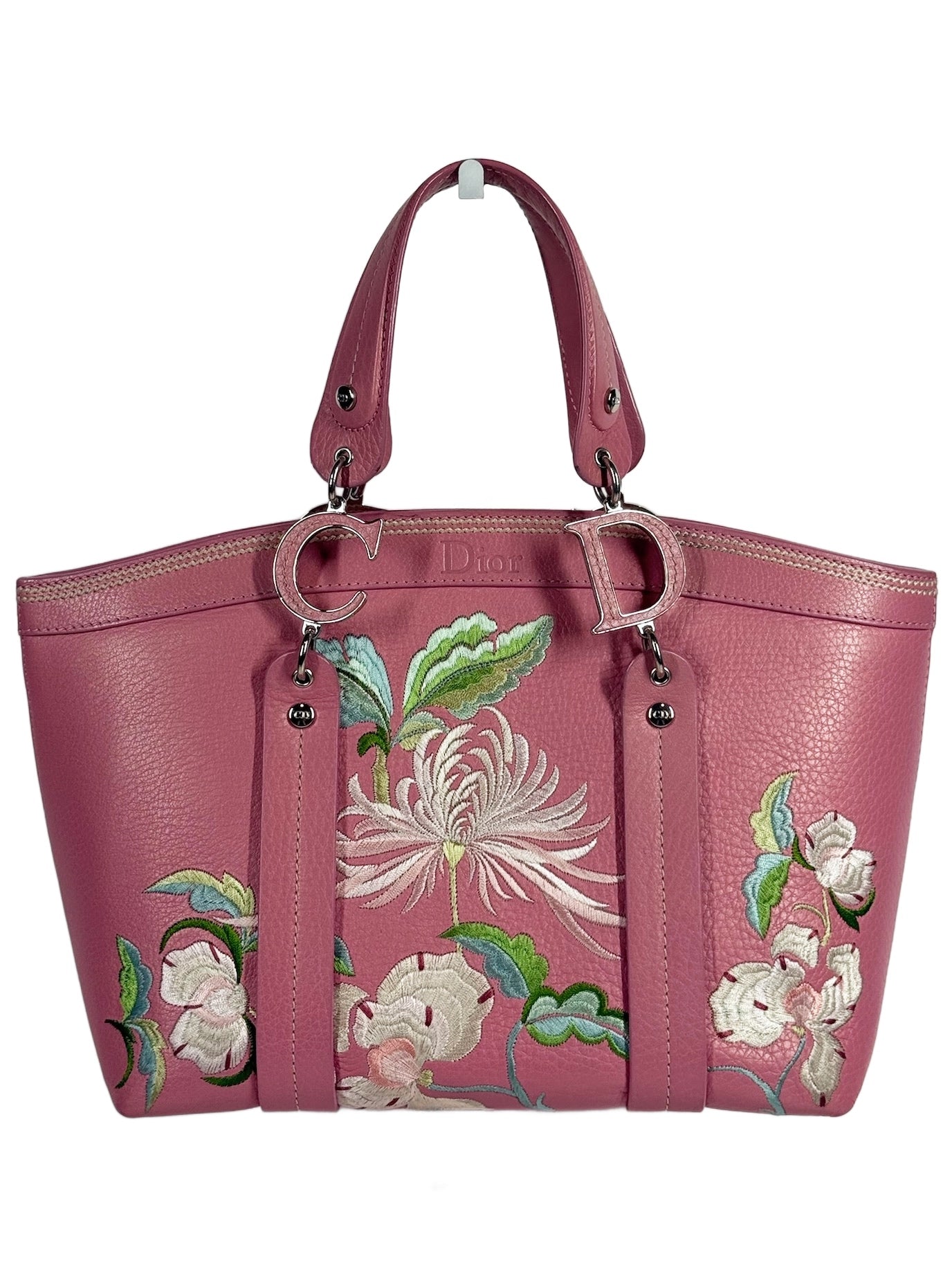 Dior Vintage 2005 Pink Embroidered Floral Leather Small Top Handle Tote Bag