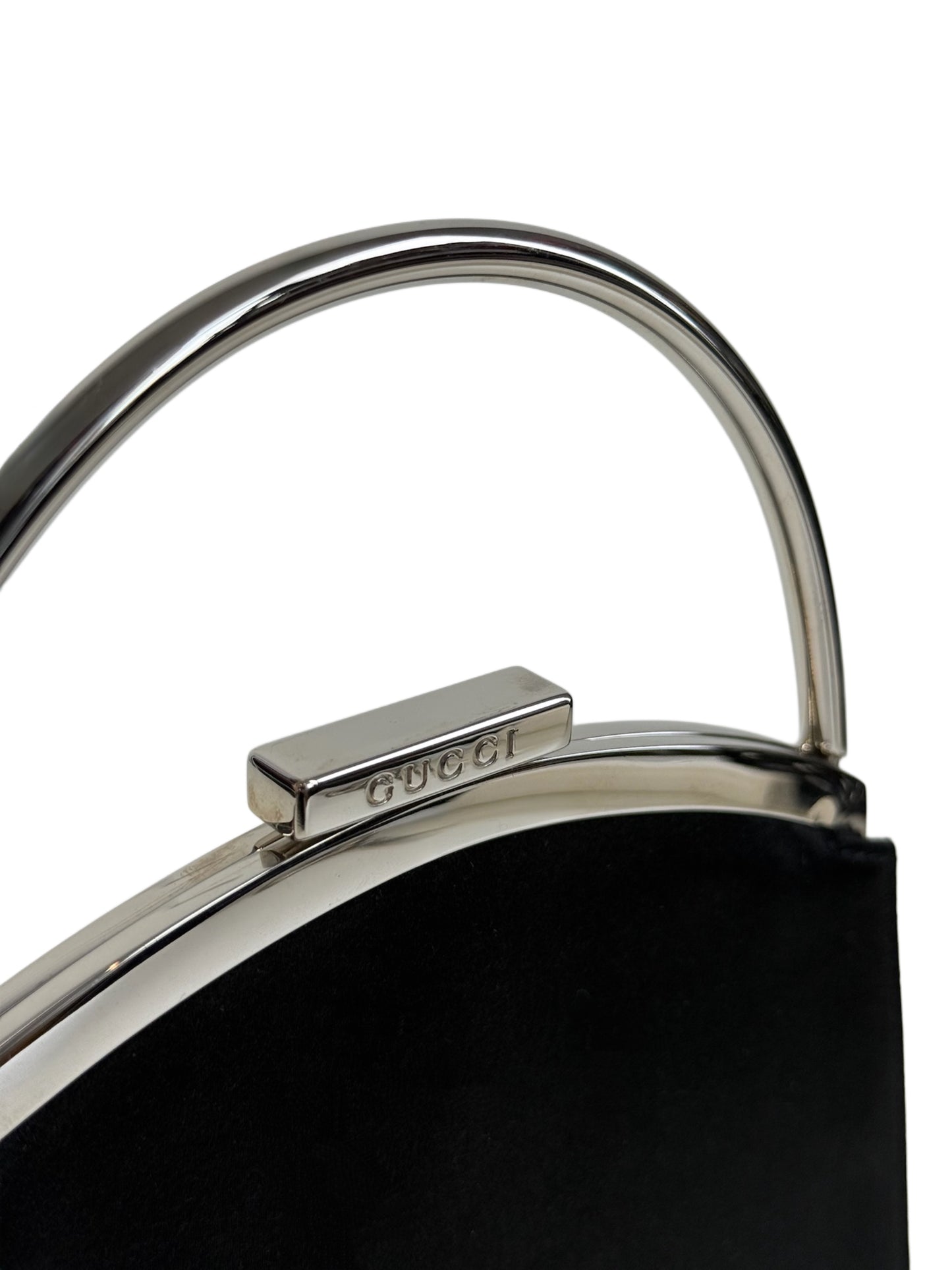 Gucci Vintage Tom Ford Era Black Satin Mini Metal Top Handle Kelly Style Evening Clutch Bag