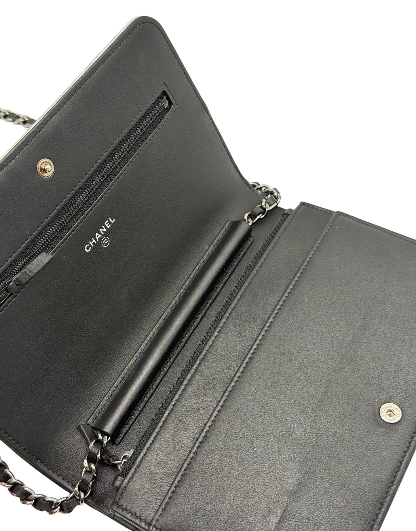 Chanel Black & Metallic Silver Lambskin Two-Toned Boy Wallet on Chain Bag