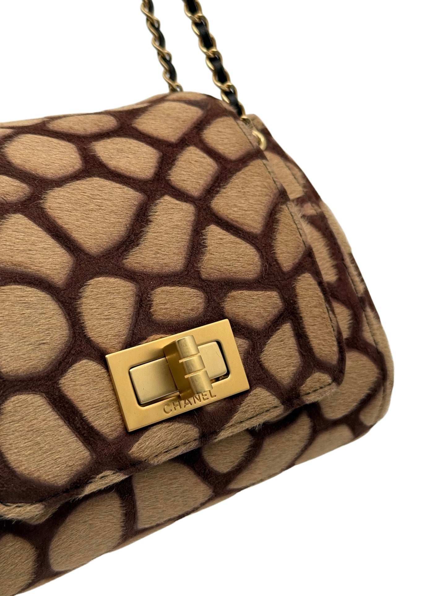 Chanel Vintage 00s Beige & Brown Giraffe Print Pony Hair Logo Reissue Turnlock Mini Top Handle Flap Bag