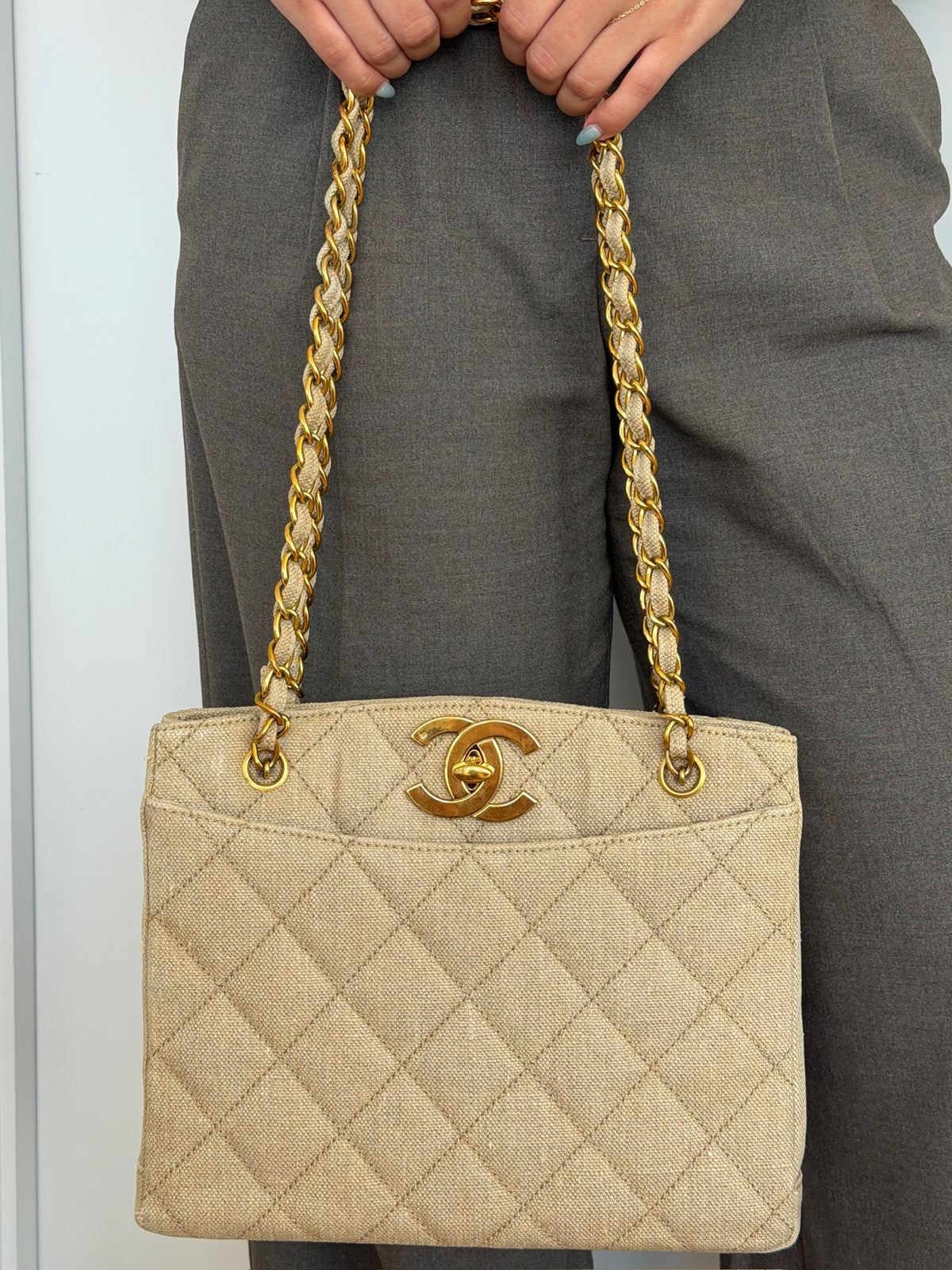 Chanel Vintage 90s Beige Linen Maxi CC Short Shoulder Chainlink Tote Bag with 24K Gold Plated Hardware