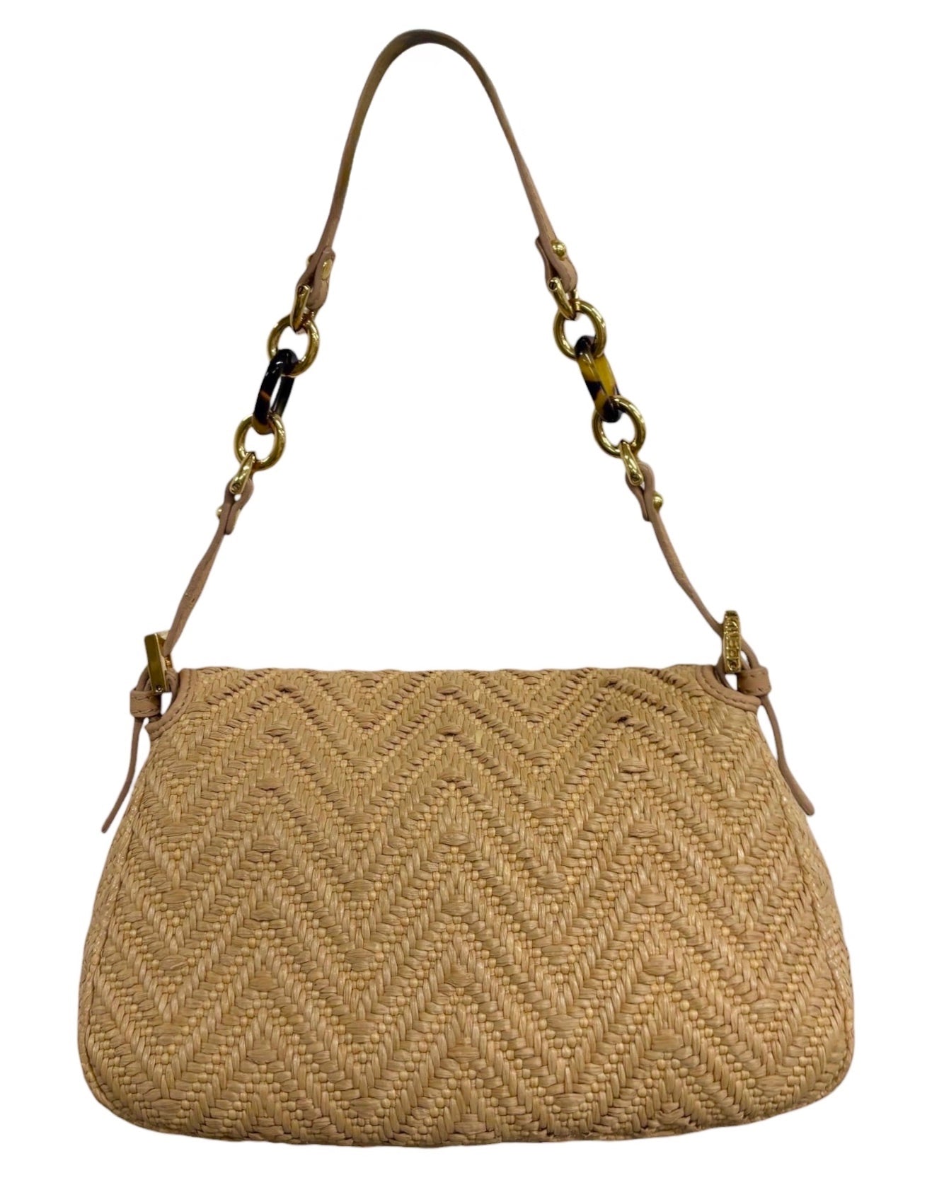 Fendi Vintage Beige Woven Chevron Raffia Marble Logo Mini Mamma Shoulder Baguette Bag