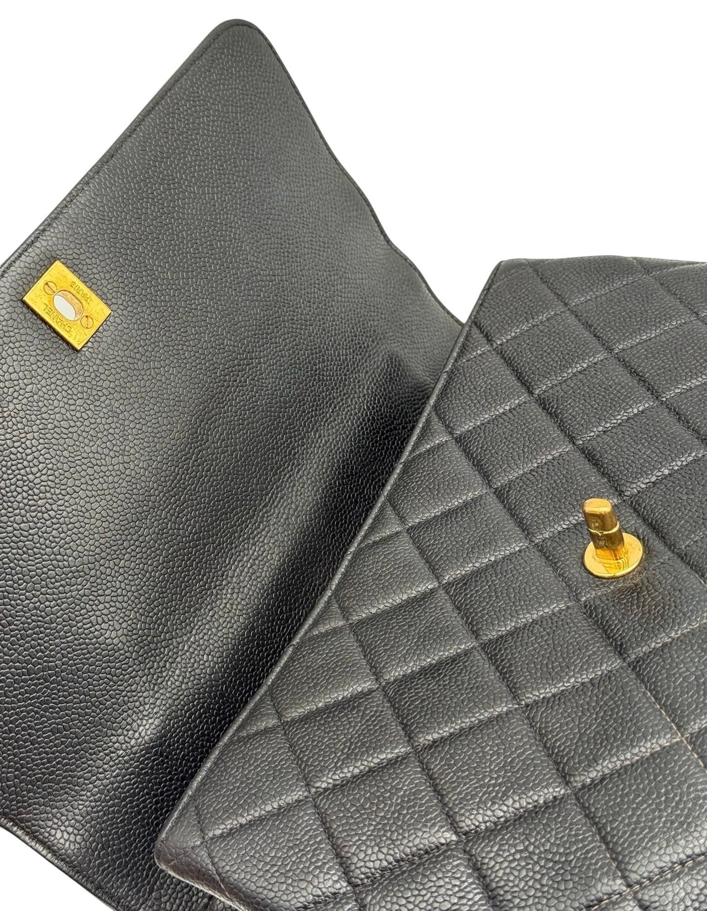 Chanel Vintage 90s Black Quilted Caviar Large Kelly Top Handle Flap Bag