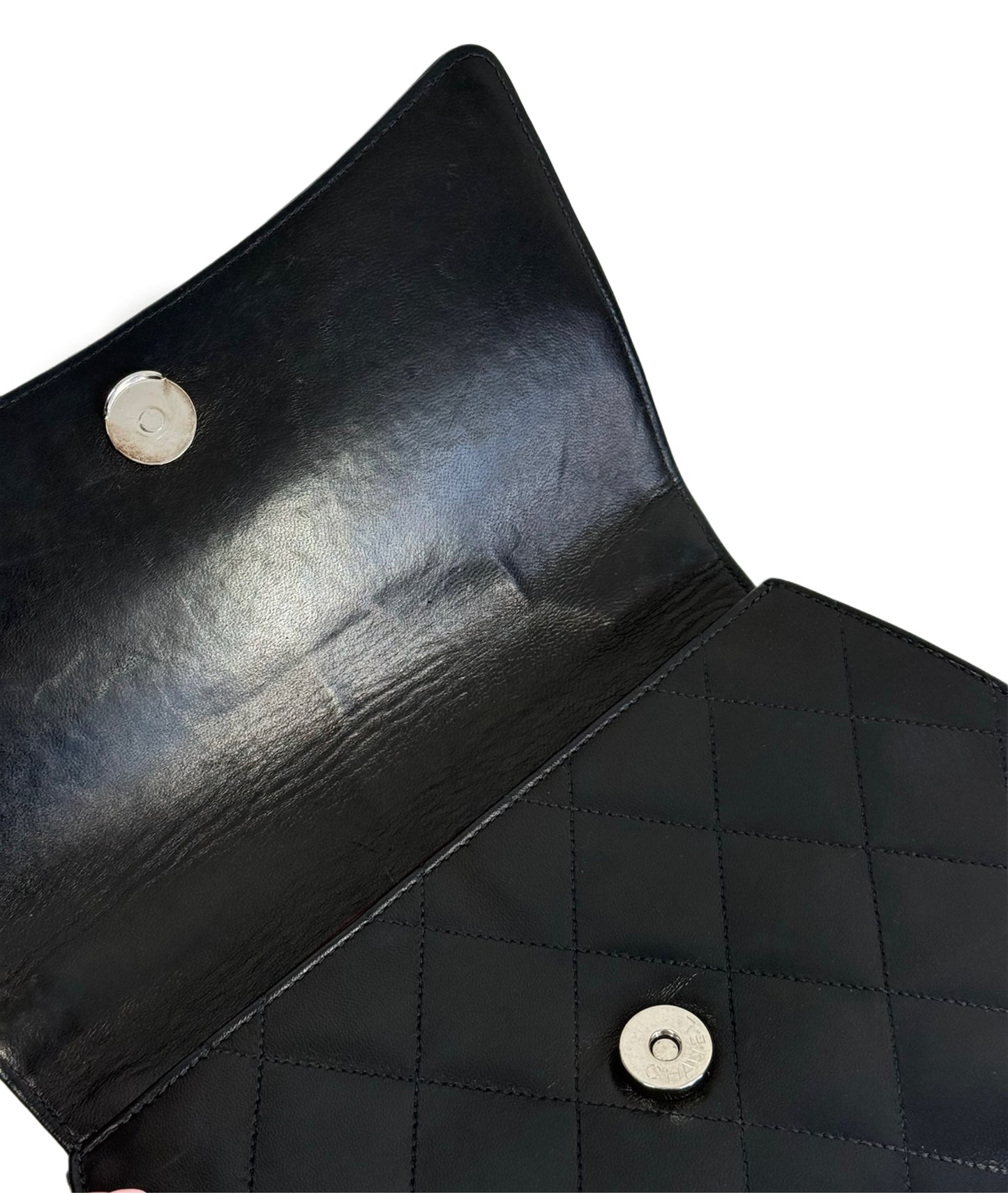 Chanel Vintage 90s Black Quilted Lambskin Patent CC Logo Bracelet Bag