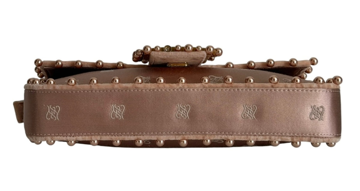 Fendi 1997 Re-Edition 25 Year Anniversary Blush Pink Embroidered Silk Logo Pearl Trim Shoulder Baguette Bag with Velour Trim