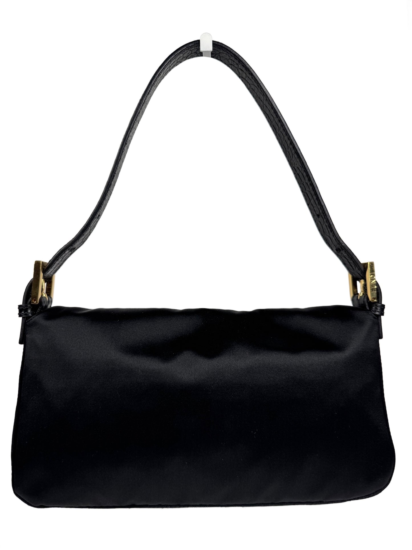Fendi Black Satin Crystal Crocodile Trim Baguette Shoulder Bag