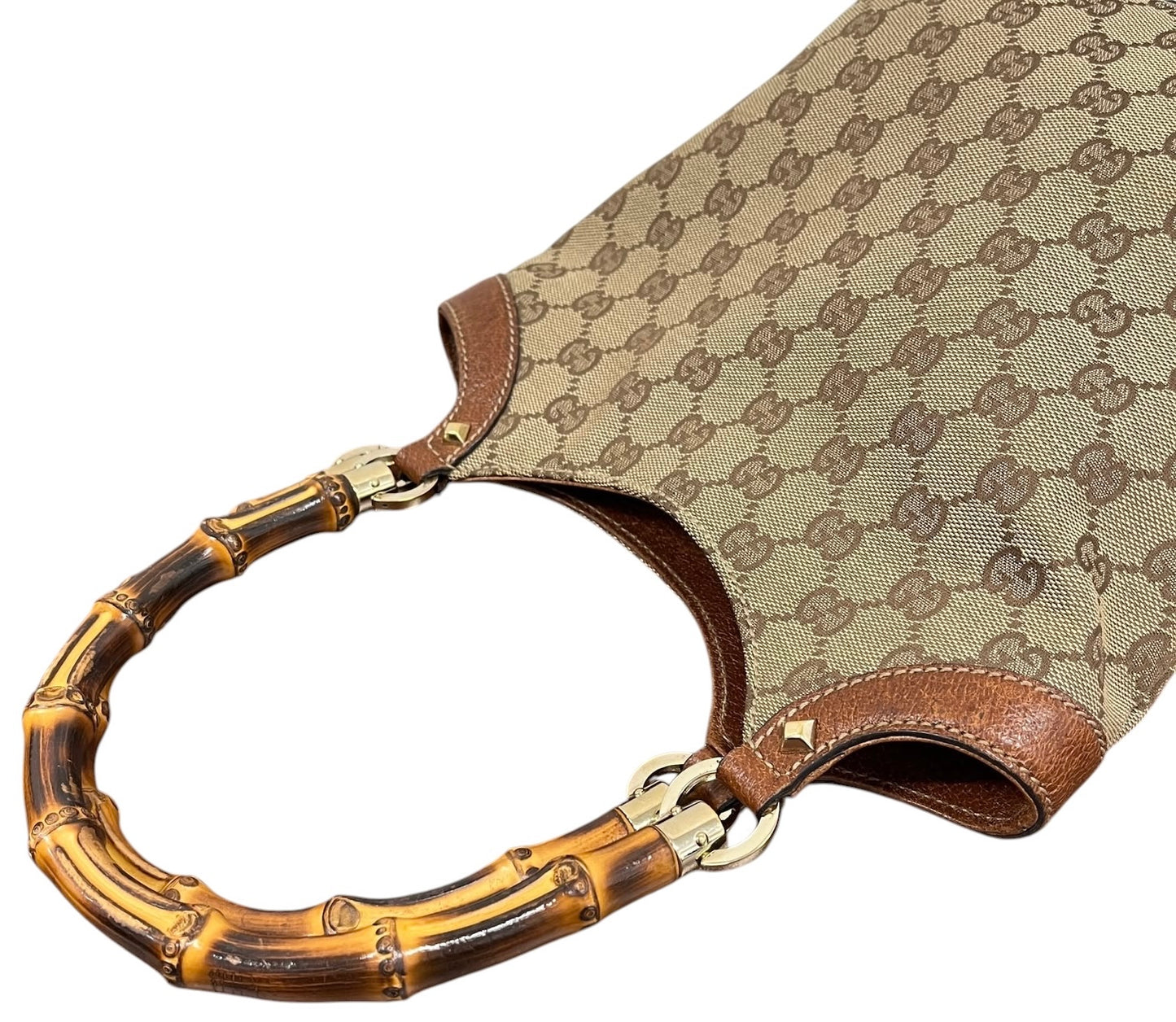 Gucci Vintage Brown GG Monogram Small Bucket Bamboo Handle Shoulder Bag 