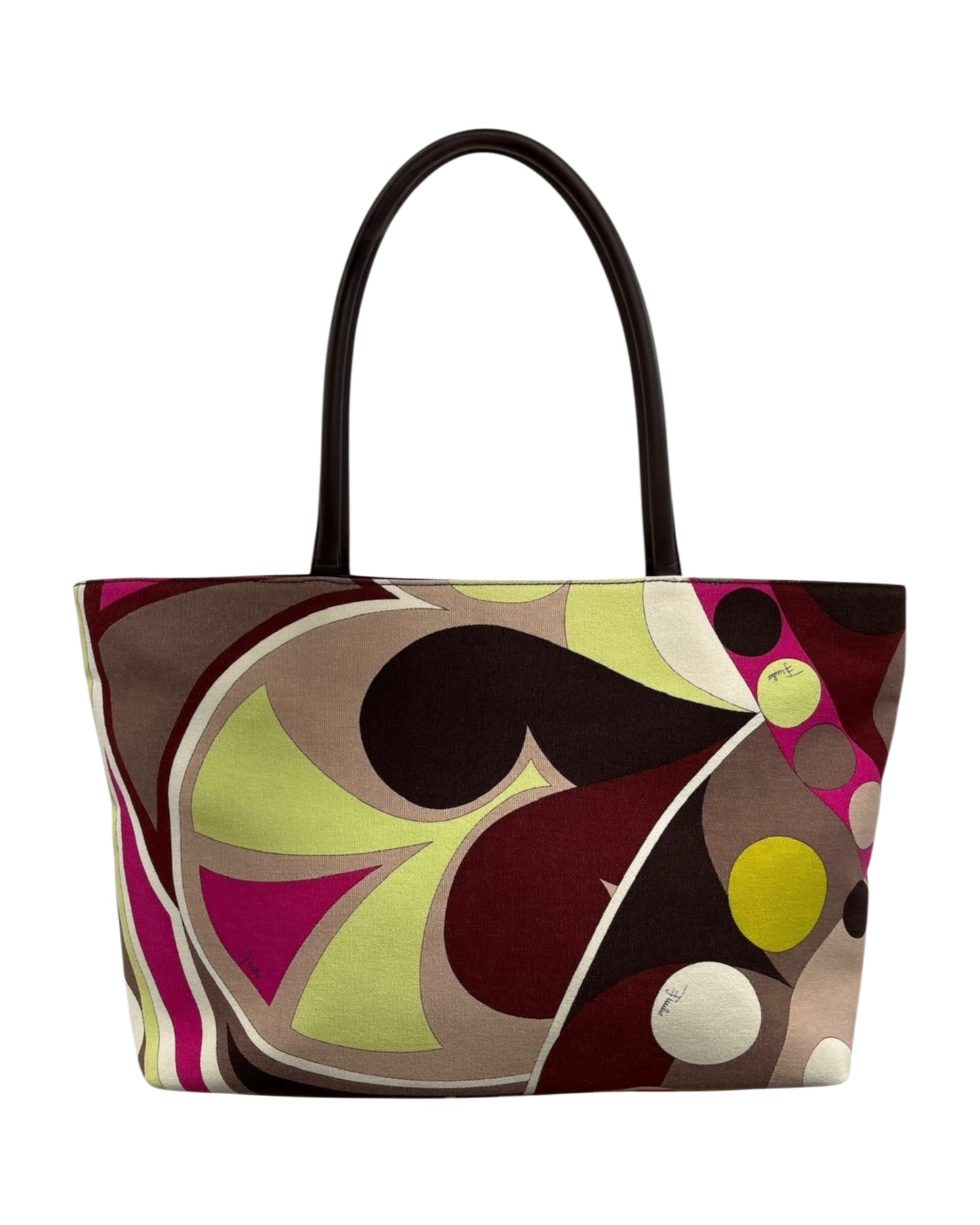 Emilio Pucci Vintage Fuchsia Green Burgundy Canvas and Leather Small Shoulder Tote Bag