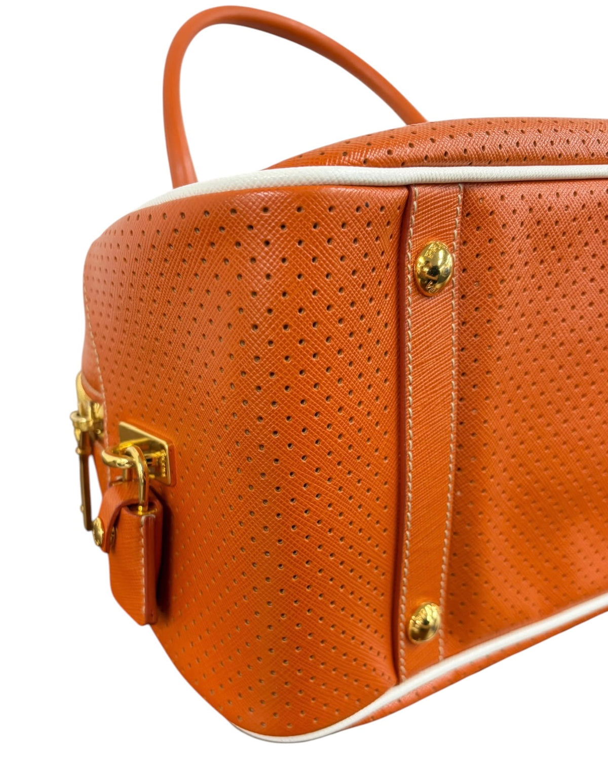 Prada Vintage Orange Perforated Leather Large Top Handle Bowling Bag
