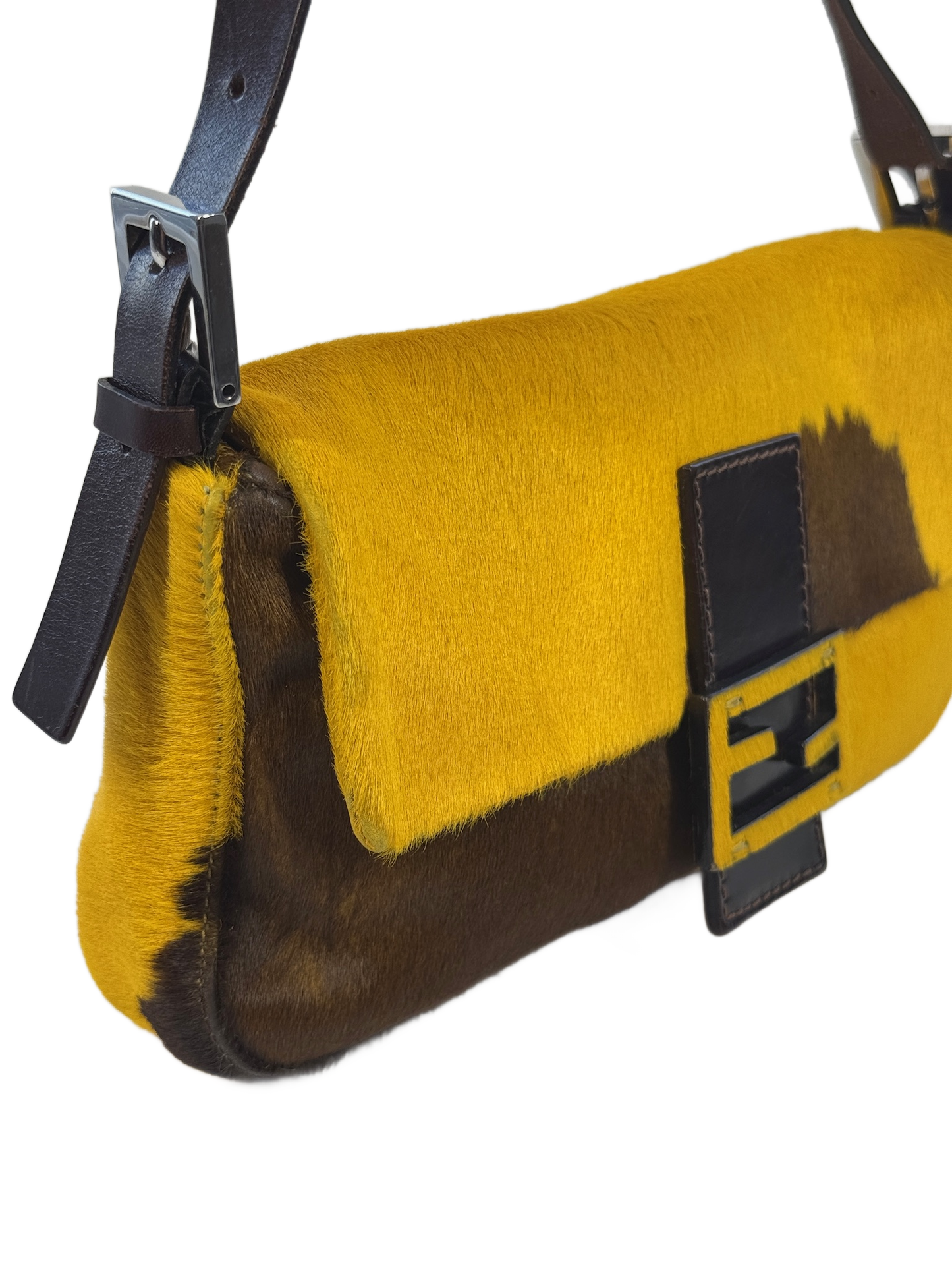 Fendi Vintage Yellow & Brown Cow Print Pony Hair Shoulder Baguette Bag