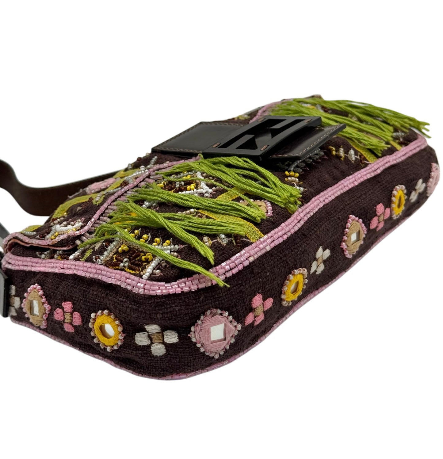 Fendi Vintage Brown Knit Embroidered Pink Beaded Green Fringe Embellished Shoulder Baguette Bag