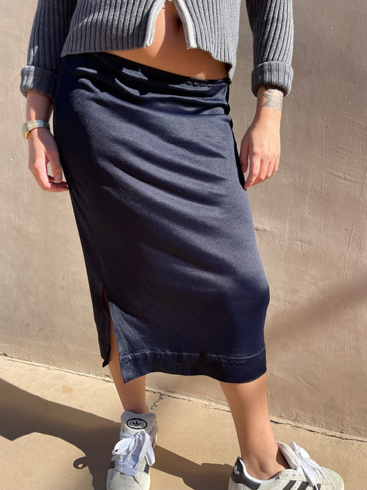 Vintage Navy Blue Midi Slip Skirt w Slit