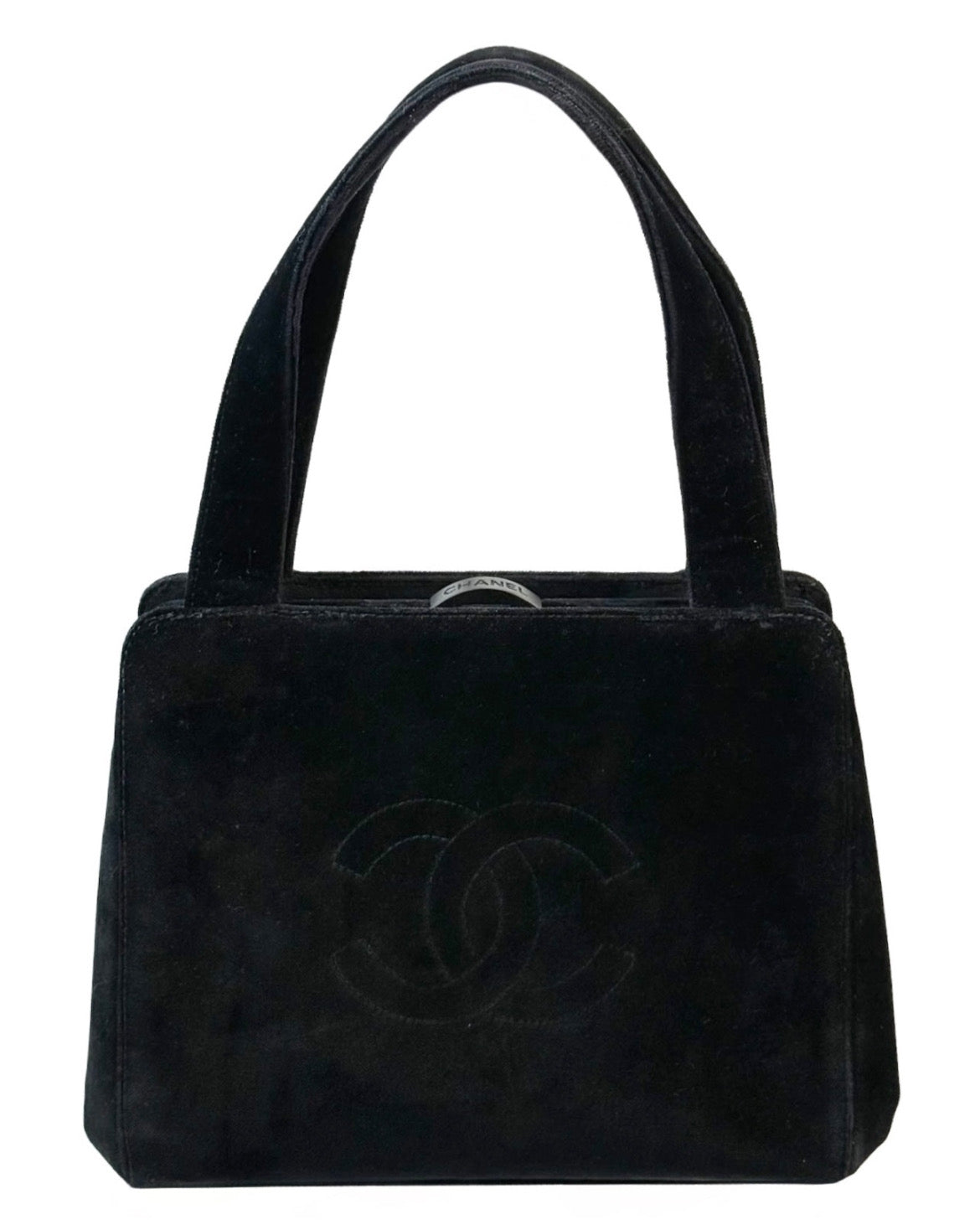 Chanel Vintage 1998 Black Velour Velvet CC Logo Kisslock Top Handle Mini Bag